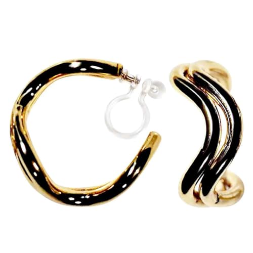 Hoop Invisible Clip On Earrings for Women Not Pierced Gold Small Twisted Hoop Comfortable Silver Large Clip On Earrings - color: Double Waved Hoop Gold