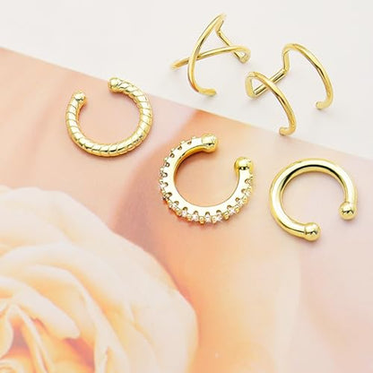 5 Pcs Thin Chunky Ear Cuff Earrings for Women 14K Gold Plated Brass Ear Cuffs Non Piercing Trendy Clip on Cartilage Earrings Cubic Zirconia Fake Piercings Earrings Jewelry - color: Style A,Thin Gold