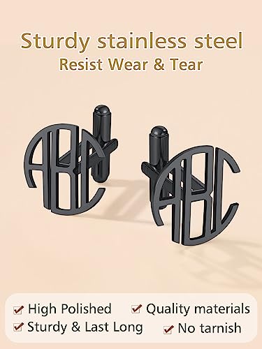 FindChic Stainless Steel Round Cufflinks with Custom Text/Picture/Monogram Letters 18K Gold Plated/Black Color for Men Groom Suits Shirts, with Gift Box - style: 03. custom 3 letters (black)