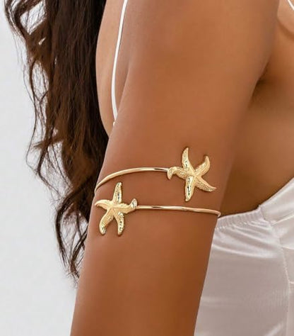 ItsStarred Minimalist Arm Cuff Gold Plated, Upper Arm Cuff Bangle Bracelet for Women, Adjustable Arm band Set 6 Pieces - color: A3: Gold Plated Starfish