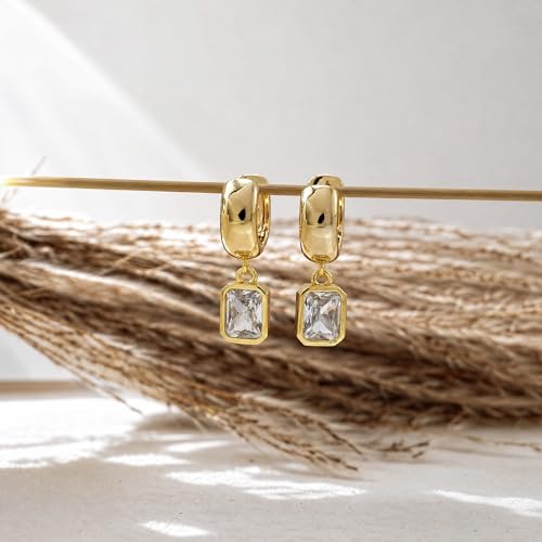 NIXMAX Trendy Gold Dangle Earrings for Women, Chunky Statement CZ Hoops | Bezel-Set Cubic Zirconia Charm, 14K Gold Plated, Lightweight Hypoallergenic Jewelry, Fashion Accessories, Gifts for Women - color: Gold-Chunky Rectangle Hoops