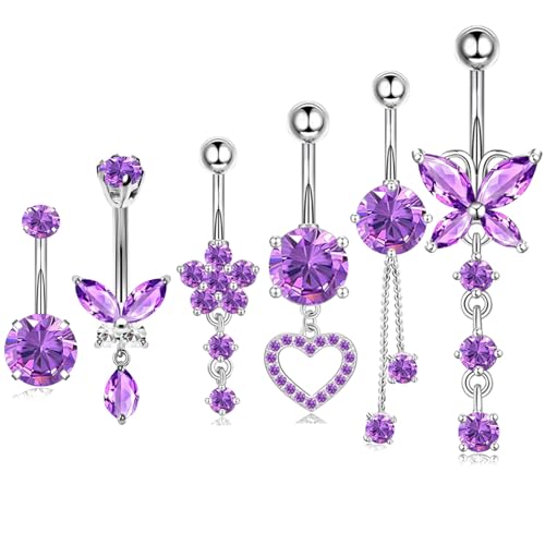 TIANCI FBYJS Surgical Stainless Steel Dangle Belly Button Rings for Women Belly Ring Dangling Piercing Jewelry with Heart Flower Butterfly Silver 14G - color: purple