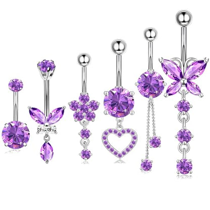 TIANCI FBYJS Surgical Stainless Steel Dangle Belly Button Rings for Women Belly Ring Dangling Piercing Jewelry with Heart Flower Butterfly Silver 14G - color: purple