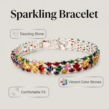 1PCS Bohemian Tennis Bracelet for Women, Golden Plated Copper Colorful Synthetic Zirconia, Elegant Jewelry for Anniversary - color: Sliver