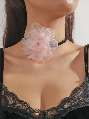 Rose Black Velvet Floral Choker Necklace - Camellia Daisy Rosette - Spring Summer Flower Jewelry - color: Pink 2