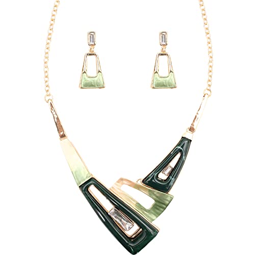 SFE Irregular Enamel Triangle Shape shell Collar Bib Bohemian Boho Statement Necklace Earrings Fashion Costume Jewelry Set for Women - color: Green-Gold Plated