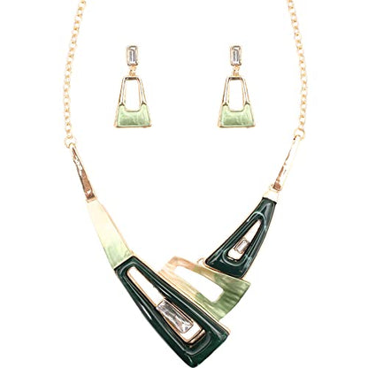 SFE Irregular Enamel Triangle Shape shell Collar Bib Bohemian Boho Statement Necklace Earrings Fashion Costume Jewelry Set for Women - color: Green-Gold Plated