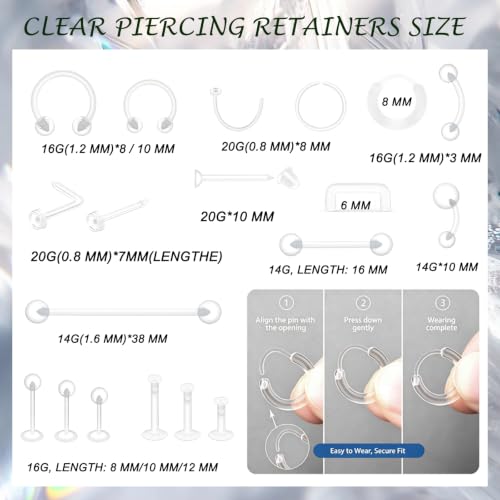 82-Pack Clear Piercing Retainer Bioflex Plastic Body Jewelry | for Nose Eyebrow Lip Septum Ear Navel Tongue Discreet Industrial Piercing Invisible Earrings for Surgery Sports