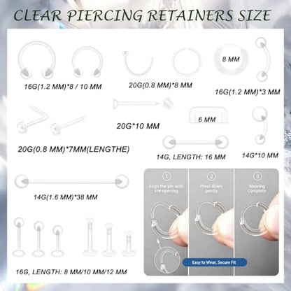 82-Pack Clear Piercing Retainer Bioflex Plastic Body Jewelry | for Nose Eyebrow Lip Septum Ear Navel Tongue Discreet Industrial Piercing Invisible Earrings for Surgery Sports