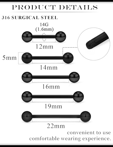 14G 16G Mix Size Tongue Rings Piercing Jewelry Stainless Surgical Steel Straight Barbell Nipple Tongue Ring Piercing Jewelry For Women Men 12MM 14MM 16MM 19MM 22MM Silver Black Gold - color: Black, size: 14 Gauge-12MM/14MM/16MM/19MM/22MM