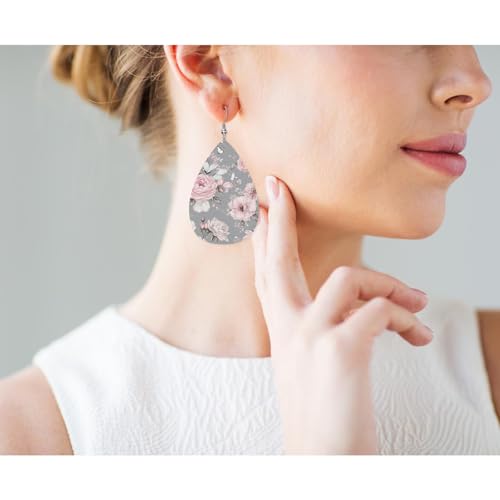 Pink Roses Woman Earrings, Watercolor Grey Blossom Rose Lightweight Leather Dangle Teardrop Earrings Jewelry For Ladies Friends - color: Pink Roses