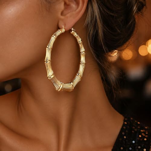 Big Chunky Gold Hoop Earrings for Women Beaded Large Statement Earrings Lightweight Fashion Jewelry Daily Wear Party Gift - color: C1:GOLD