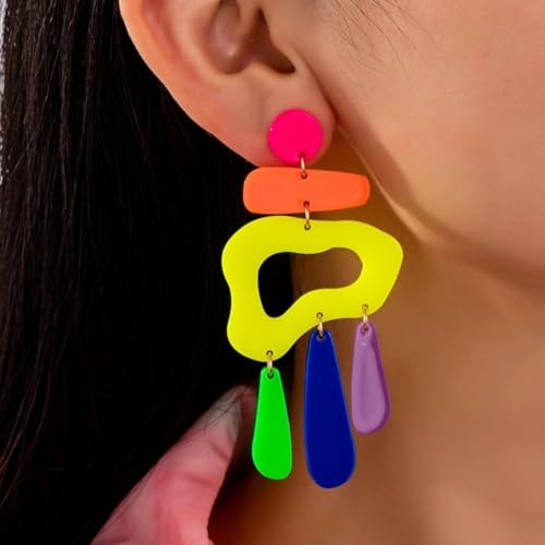 Funny Geometry Retro Colorful Geometric Acrylic Dangle Earrings, 8cm Bold 80s 90s Statement Earrings for Women