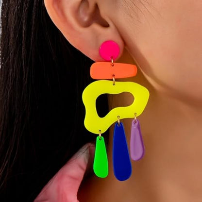 Funny Geometry Retro Colorful Geometric Acrylic Dangle Earrings, 8cm Bold 80s 90s Statement Earrings for Women