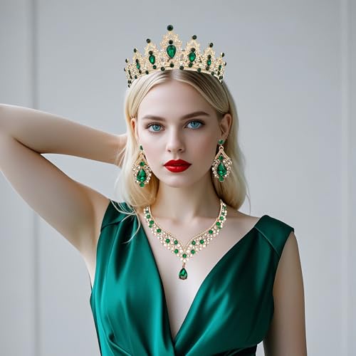 Crowns and Tiaras jewelry sets for Wedding princess birthday party Halloween Prom Pageant Jewelry for Women Crystal Bridal Jewelry Set for women - color: Gold Green