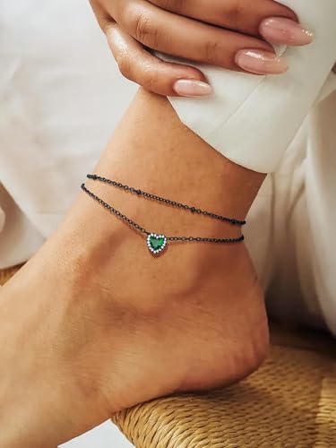 Richsteel Double Layer Heart/Butterfly Birthstone Anklet for Women | Non Tarnish Waterproof, Silver/Gold/Black Stainless Steel 8.5-10.5 Inch Adjustable Chain Anklets Summer Beach Foot Jewelry - color: Black Heart-05 May(Emerald)