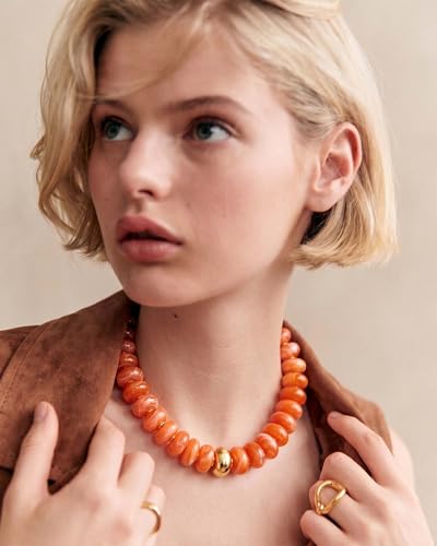 Chunky Beaded Necklace for Women Boho Statement Bead Necklace Adjustable Choker with Polished Disc/Square Beads Trendy Summer Beach Jewelry Gifts - color: Orange