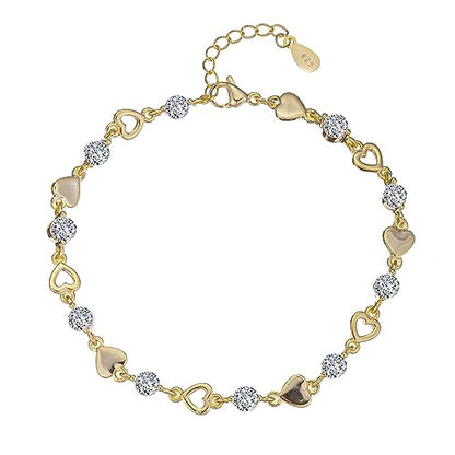14K White Gold Plated Link Bracelet for Women Heart Star Round Beaded Charms Dainty Chain Simple Jewelry Gifts - color: star white zircon-gold