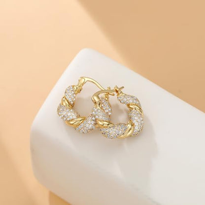 Chunky Gold Hoop Earrings for Women 14k Gold Plated Thick Triple Earrings | Hypoallergenic Trendy Chunky Gold Hoops Earrings,Dainty Jewelry Gifts for Women - style: Gold CZ Twisted Earring