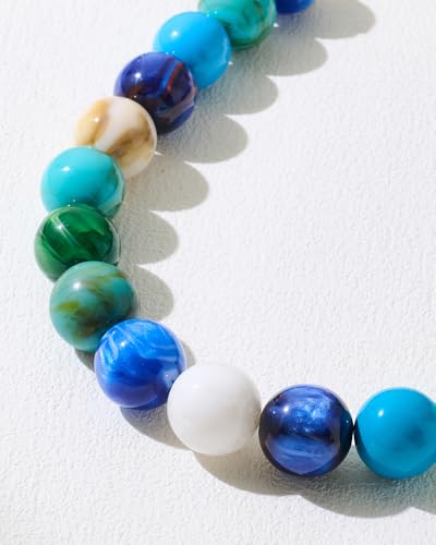 Chunky Beaded Choker Necklace for Women Boho Statement Necklace with Large Pearl Blue Brown Tone Resin Beads Summer Beach Jewelry Gifts - color: Blue