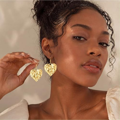 Kingdder 4 Pcs 14k Gold Plated Chunky Gold Heart Jewelry Set for Women Hammered Necklace Bracelet Earrings Set Bold Chunky Heart Pendant Trendy Statement Summer Beach Jewelry Gifts