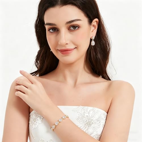 Bride Teardrop Earrings & Bracelet Wedding Jewelry Set, Cubic Zirconia Bridal Bridesmaid Party Formal Prom Gift - color: Gold