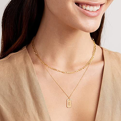 Gold Initial Necklace for Women 14K Gold Plated Figaro Chain Choker Layered Necklaces Set Bar Rectangle Pendant Necklaces Simple Dainty Letter Necklace Everyday Gold Jewelry - style: Letter B
