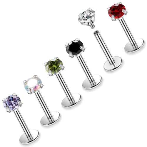 16G ASTM F136 Titanium Surgical Steel Internal Thread Flat Back Studs Earrings Lip Rings Labret Medusa Helix Tragus Cartilage Earring stud Piercing Jewelry for Women Men Silver Black Gold - style: 16g/4mm Mix cz/Silver 8mm