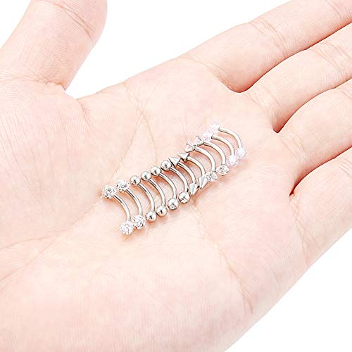 6-12 Pcs 16G Stainless Steel Eyebrow Piercing Rings Clear CZ Curved Barbell Helix Daith Piercing Body Jewelry for Women Men - style: 12pcs silver-tone