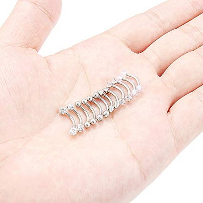6-12 Pcs 16G Stainless Steel Eyebrow Piercing Rings Clear CZ Curved Barbell Helix Daith Piercing Body Jewelry for Women Men - style: 12pcs silver-tone