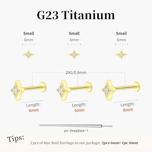 Flat Back Stud Cartilage Earrings Tragus Helix Piercing Jewelry Titanium | Conch Nose Piercing,Small Tiny Studs for Women,Threadless/Internally Threaded,Surgical Steel,Hypoallergenic,16G/18G/20G - color: Gold01-Star (6mm*2+8mm*1), size: Threadless-20G(0.8