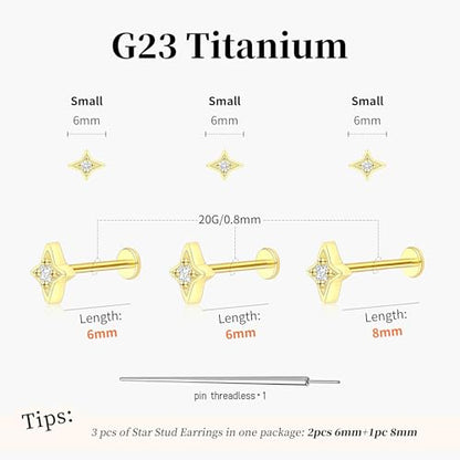 Flat Back Stud Cartilage Earrings Tragus Helix Piercing Jewelry Titanium | Conch Nose Piercing,Small Tiny Studs for Women,Threadless/Internally Threaded,Surgical Steel,Hypoallergenic,16G/18G/20G - color: Gold01-Star (6mm*2+8mm*1), size: Threadless-20G(0.8