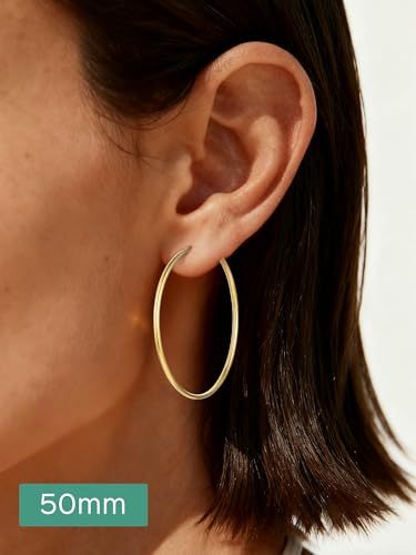 ChicSilver 925 Sterling Silver Hoop Earrings for Women Hypoallergenic, Lightweight Large Gold Plated Silver Hoop Earrings, Endless Hoops Earring 20/30/40/50/60/70MM - color: A. High Polished Gold, size: 50mm