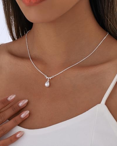 Pearl Necklaces for Women Trendy 14k Gold Plated Cubic Zirconia Pearl Pendant Necklace Valentines Day Wedding Birthday Mother's Day Gifts Dainty Gold Necklace for Women - color: Style 1 - Silver Necklace