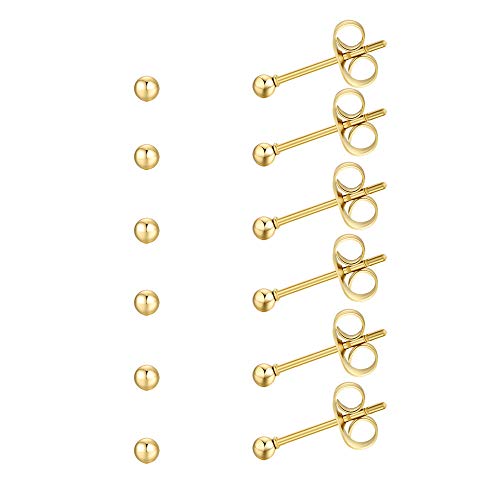FOSIR 6 Pair Tiny Women 14K Gold Plated Ball Stud Earrings Surgical Stainless Steel Earrings Set, 2-6MM - style: 6 pair diameter,2mm