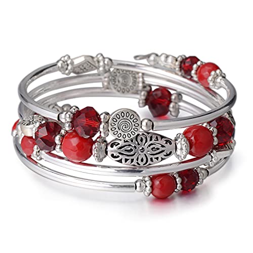 FULU AUTUMN Stackable Beaded Bracelets for Women Boho Wrap Silver Bracelet Layered Fashion Jewelry Gifts for Her - color: Red