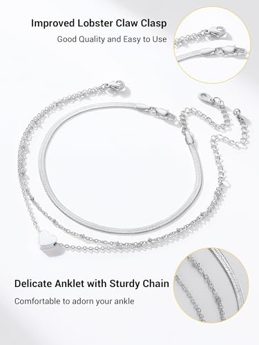PROSTEEL Trendy Handcuffs Design/Customize Words Ankle Bracelet For Women, 316L Stainless Steel Anklets Silver/Gold/Black Tone, Hypoallergenic, Come with Box - style: 06.2 Layered-Herringbone&Heart-Silver