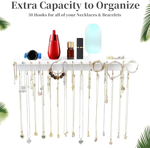YYILIS Necklace Holder, Upgraded Extra Large Wall Necklace Organizer | 30 Hooks Wall Mounted Necklace Hanger with Jewelry Tray / Cosmetics Shelf Rustic Pine Wood Holder (White) - color: White