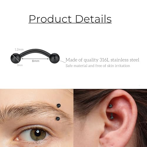FECTAS 10PCS Eyebrow Rook Piercing Jewelry 16G Earrings Vertical Labret Lip Jewelry Curved Barbell Eyebrow Rings Tiny Small Belly Rings Ear Rook Helix Conch Daith Piercing Jewelry - color: black
