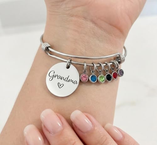 Custom Grandma Bracelet with Birthstones – Personalized Name Engraved Stainless Steel Bangle with 1-12 Birthstone Charms – Adjustable Wire Bracelet Gift for Mom, Grandma, Nana, Mimi