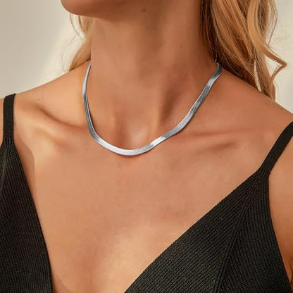 Jewlpire 3mm 4mm 5mm Herringbone Necklace 18K Gold Plated 925 Sterling Silver Chain Necklace for Women, Flat Snake Chain Necklace, Women's Chains Necklaces 16 18 20 22 24 Inch - color: 4mm 925 Sterling Silver, size: 22 Inch (Women's Matinee Length)