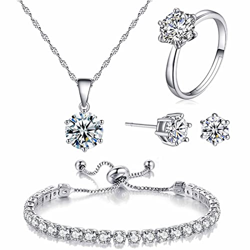 4pcs Set Zirconia Pendant Necklace Earrings Ring Bangle Set Silver Crystal Fashion Adjustable Zircon Jewelry for Women Wife Party Prom Engagement Wedding Gifts - style: Contemporary
