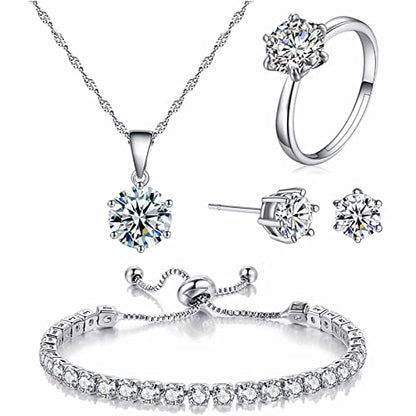 4pcs Set Zirconia Pendant Necklace Earrings Ring Bangle Set Silver Crystal Fashion Adjustable Zircon Jewelry for Women Wife Party Prom Engagement Wedding Gifts - style: Contemporary