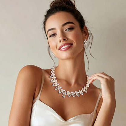 Gangel Pearl Necklace and Dangle Earrings Rhinestone Necklace Earring Set Faux Pearl Choker Necklace Wedding Bridal Jewelry Crystal Necklaces for Women