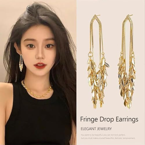 Long Dangle Earrings For Women, Fringe Chandelier Earrings Punk Metal Chain Earrings Hypoallergenic Lightweight Tassel Drop Earrings - color: E-Gold