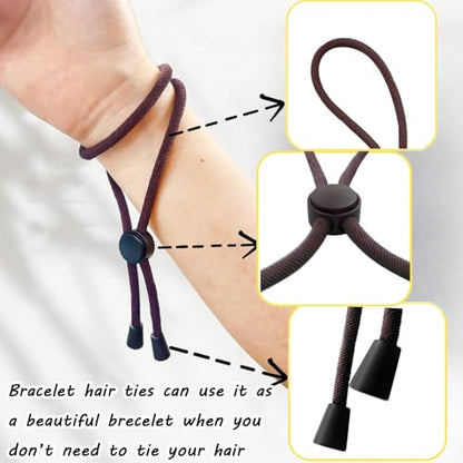 6pcs Brown Adjustable Hair Ties - Long, Extra Length Scrunchies for Thick Hair, Afro Puffs & Ponytails - One Handed Use - color: Brown