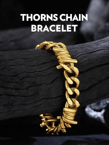 Bandmax Barbed Wire Chain Bracelets for Men Women Stainless Steel/Black/Gold Thorn Cuban Link Bracelet Adjustable Punk Emo Style Jewelry Gift - color: 12 12MM-Gold Plated