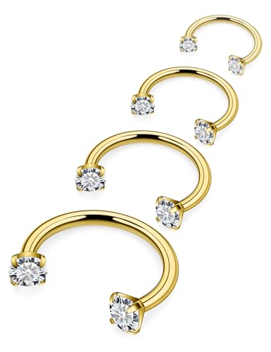 Horseshoe Nose Ring Surgical Steel Double Stud Nose Ring 16g Lip Rings Cubic Zirconia Daith Piercing Jewelry for Women Inner Diameter 6/8/10/12mm - color: 16g,inner DIA.6/8/10/12mm,goldtone