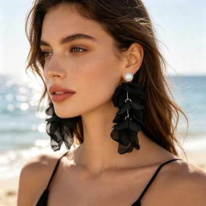 Handmade Bohemian Lightweight Fabric Flower Dangle Drop Earrings Chic Pearl Large Tassel Petal Stud Earrings For Women - color: Black