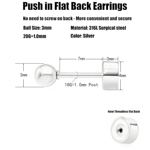 Sweetkiki Threadless Flat Back Earrings, 14K Gold Plated Ball Stud Earrings Hypoallergenic | Cartilage Earring | Helix Piercing Jewelry | Tragus Piercing Jewelry | Push in Flatback Earrings for Women Men - color: Silver, size: 3 Millimeters
